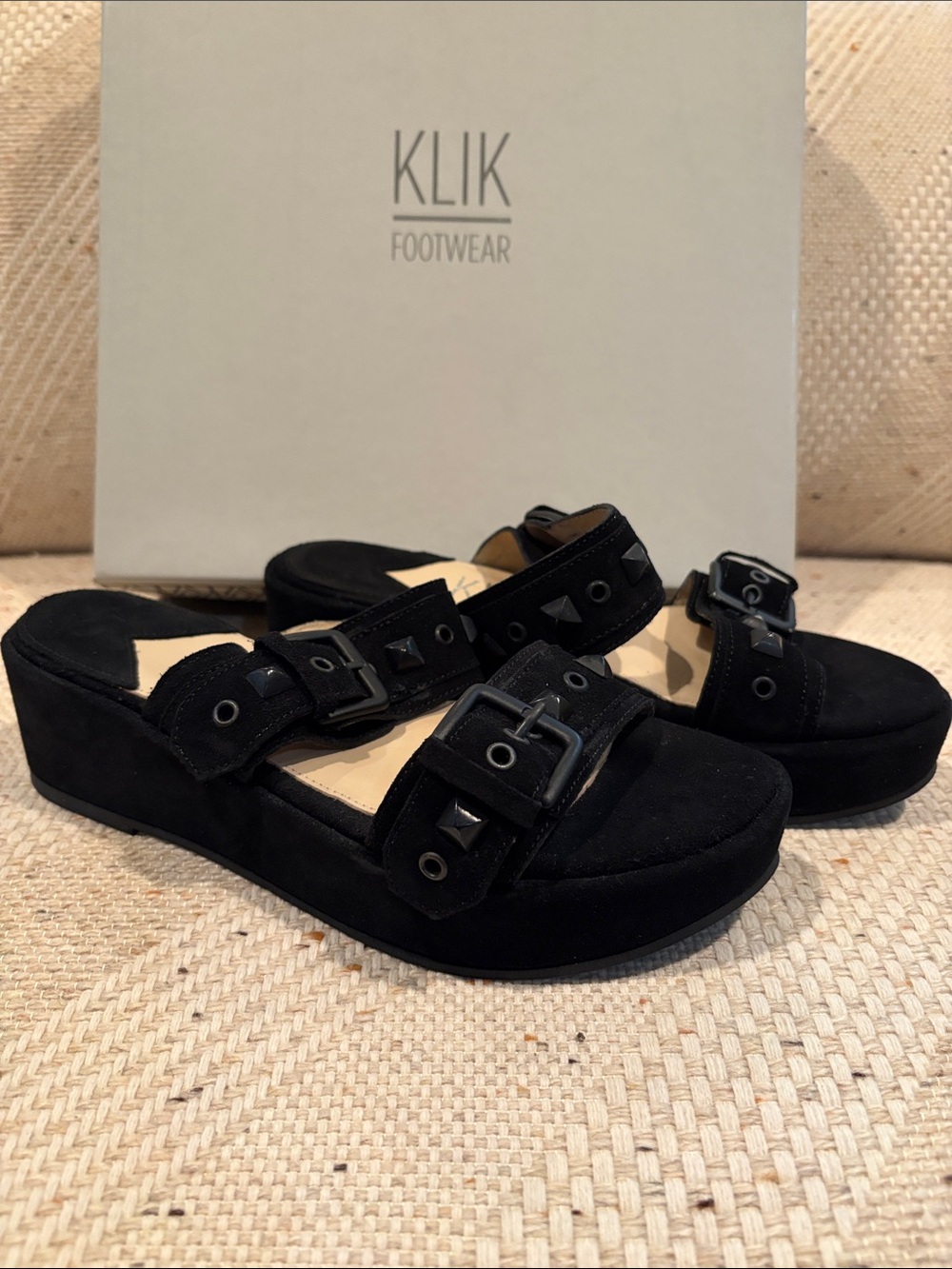 Klik Footwear Black Suede Buckle Slide Sandals